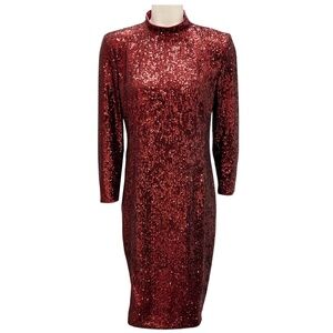 AKRIS BURGUNDY SEQUINED LONG SLEEVED COCKTAIL DRESS